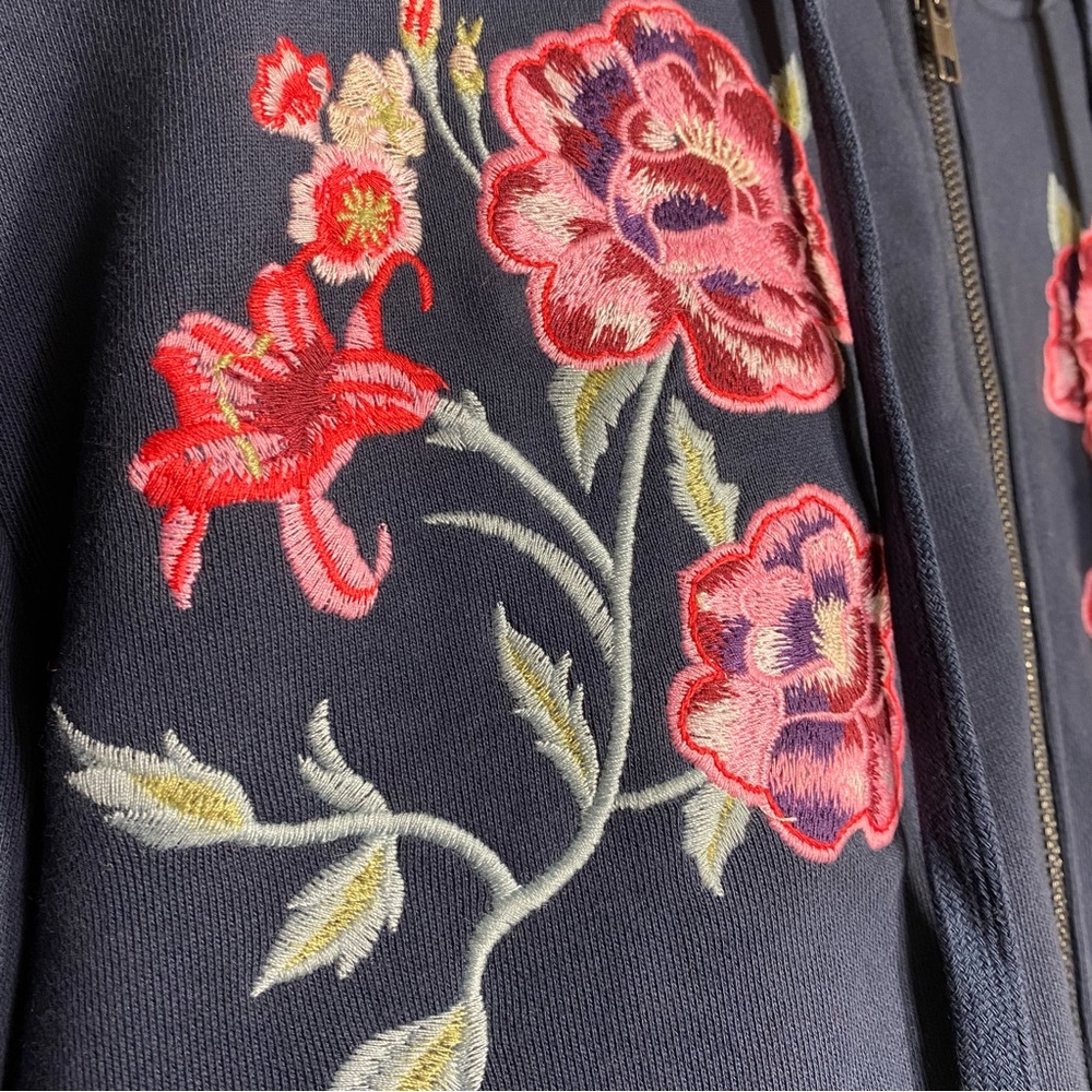Floral Embroidery Navy Blue Boho Long Sleeves Sweatshirt Hooded Jackets, S - Picture 6 of 16